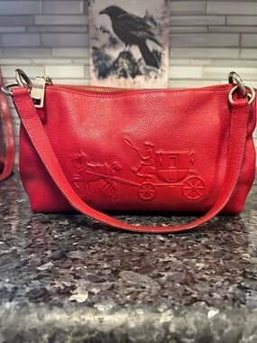 Coach Red Pebbled Leather Charley Crossbody Embossed Horse & Carriage